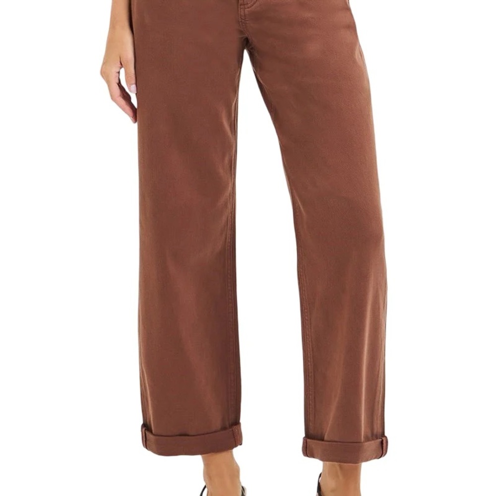 RISEN TUMMY CONTROL MID RISE ANKLE BARREL RELAXED BAGGY JEANS IN CHOCOLATE